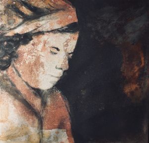 Elsie Brumpton Munitions worker oil portrait painting on rusted steel by Jane Howard