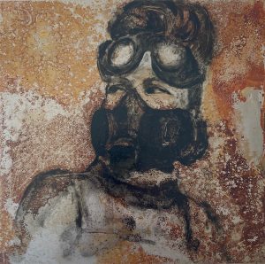 Kathleen Wheeler Steel worker oil portrait painting on rusted steel by Jane Howard