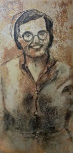 Steel worker 14 oil painting on rusted steel by Jane Howard