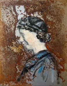 Steel worker 7 oil portrait painting on rusted steel by Jane Howard