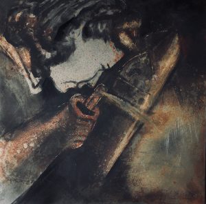 Welder 6 oil painting on rusted steel by Jane Howard