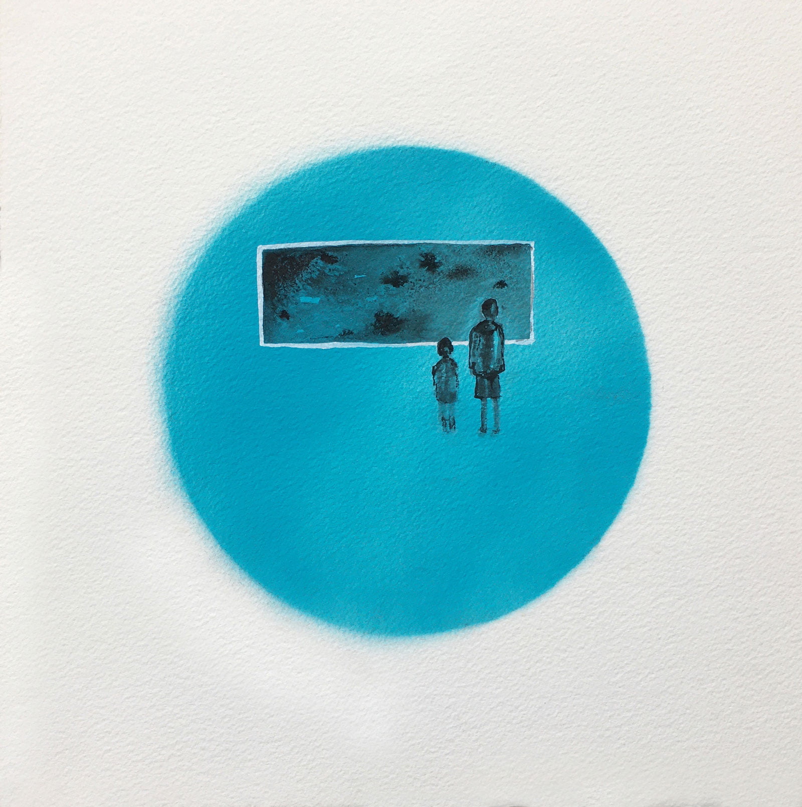 Jane Howard, Fish Tank Joy, indian ink, acrylic paint and spray paint, 37cm x 37cm