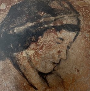Steel worker 10 oil portrait painting on rusted steel by Jane Howard