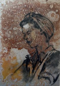Steel worker 12 oil portrait painting on rusted steel by Jane Howard