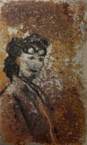Steel worker 2 oil portrait painting on rusted steel by Jane Howard