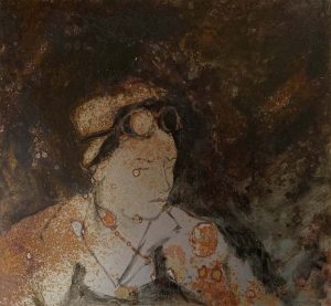 Steel worker 8 oil portrait painting on rusted steel by Jane Howard