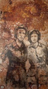Steel working friends 2 oil painting on rusted steel by Jane Howard