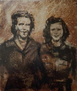Steel working friends oil painting on rusted steel by Jane Howard