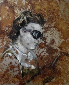 Welder 2 oil painting on rusted steel by Jane Howard