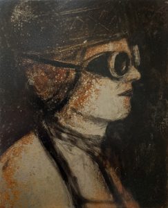 Welder 7 oil painting on rusted steel by Jane Howard